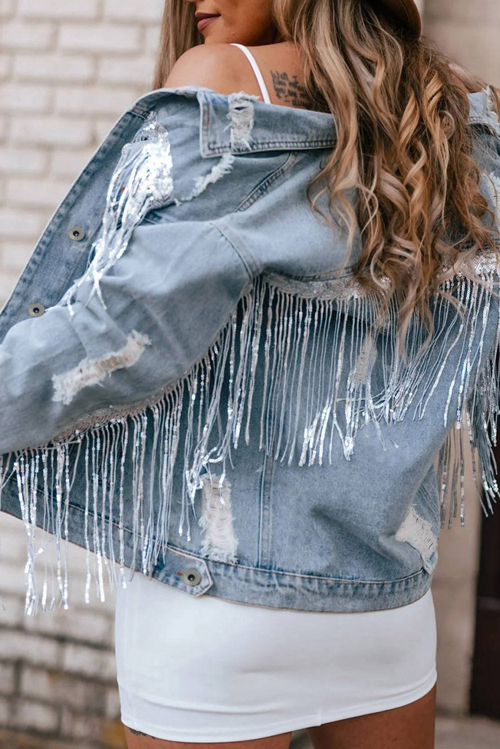 Sequin Embellished Fringe Distressed Denim Jacket Daisie Boutique