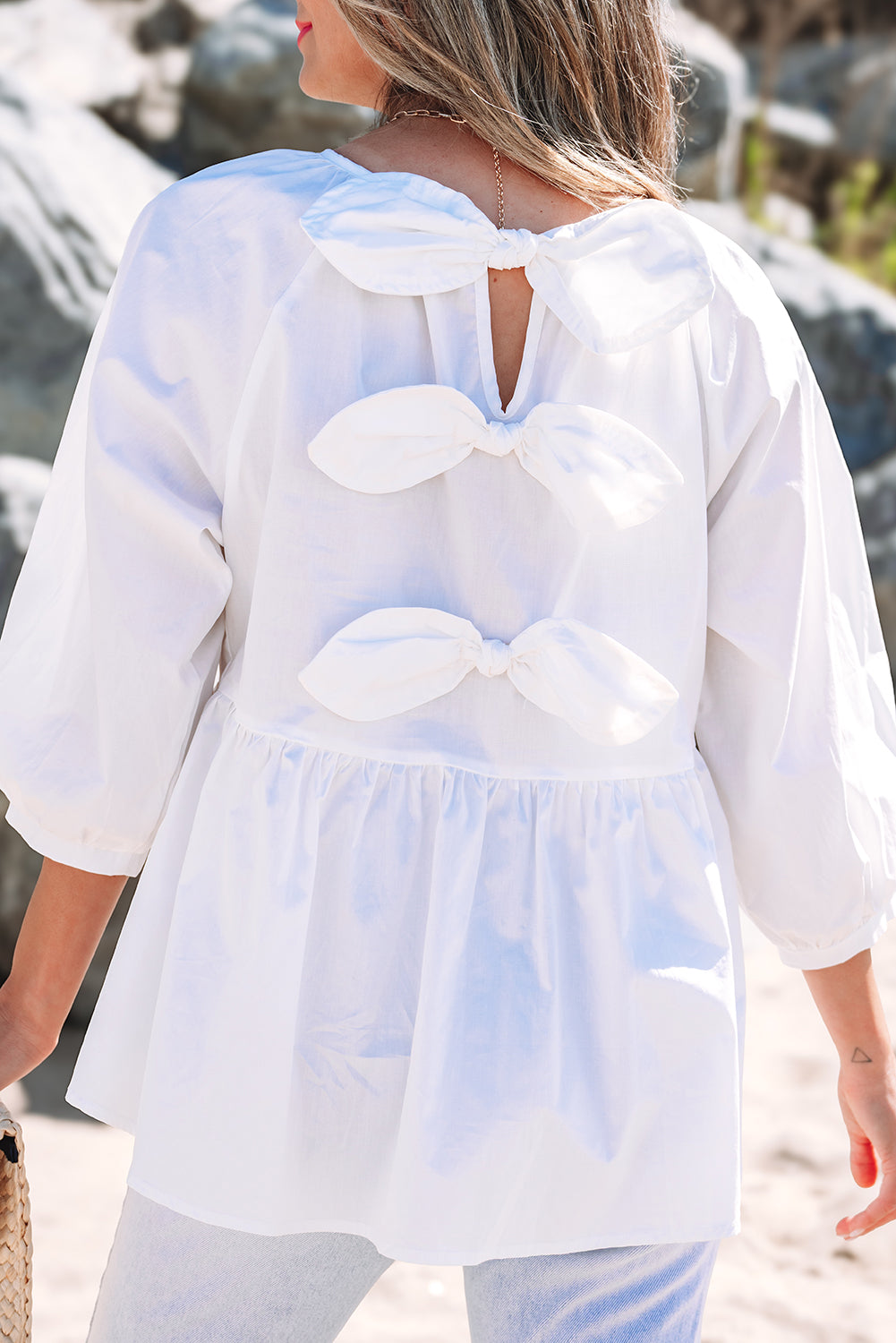 Bow Knot Cutout Back 3/4 Sleeve Blouse - White Daisie Boutique