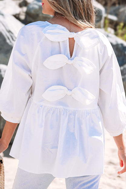 Bow Knot Cutout Back 3/4 Sleeve Blouse - White Daisie Boutique