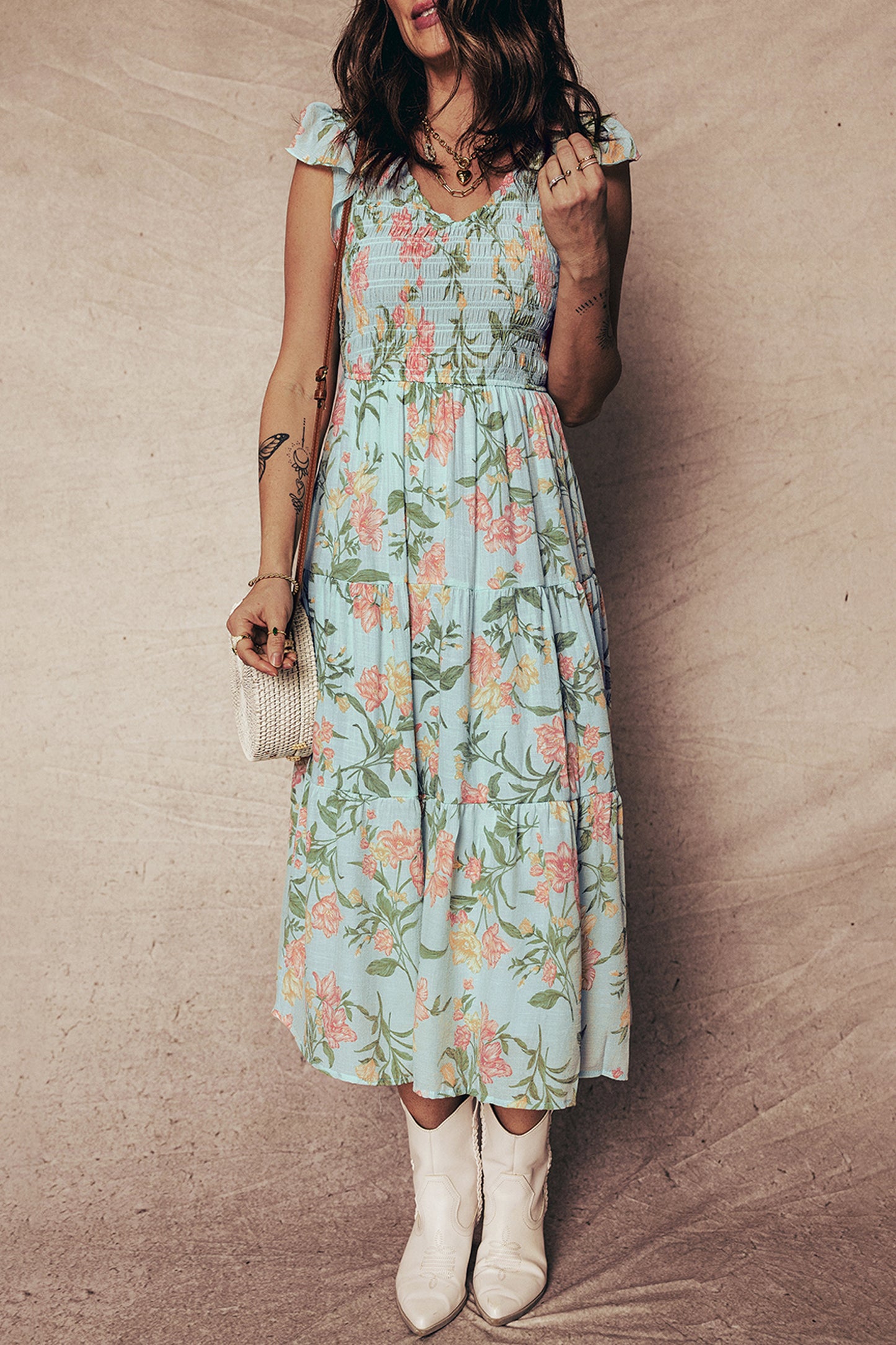 Yellow Ruffled Sleeveless Tiered Floral Maxi Dress