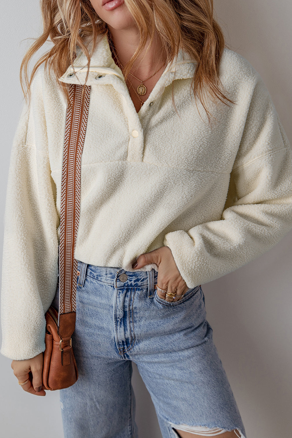 Fleece Placket Sweatshirt - White Daisie Boutique