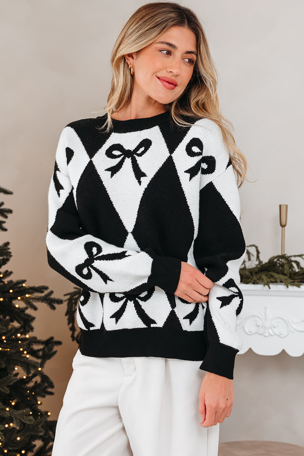 Bow Print Knit Sweater Dear-Lover Dropshipping