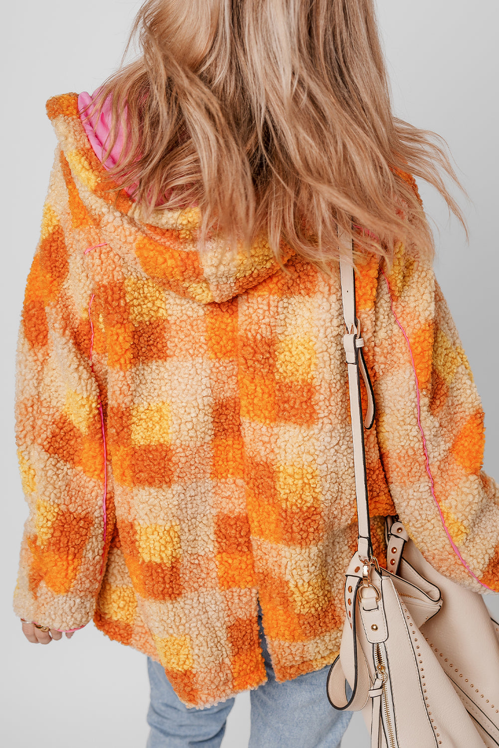 Checkered Sherpa Hooded Jacket - Orange Daisie Boutique