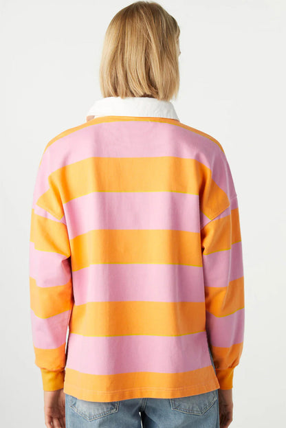 Striped Color Block Polo Collar Sweatshirt - Orange Dear-Lover Dropshipping