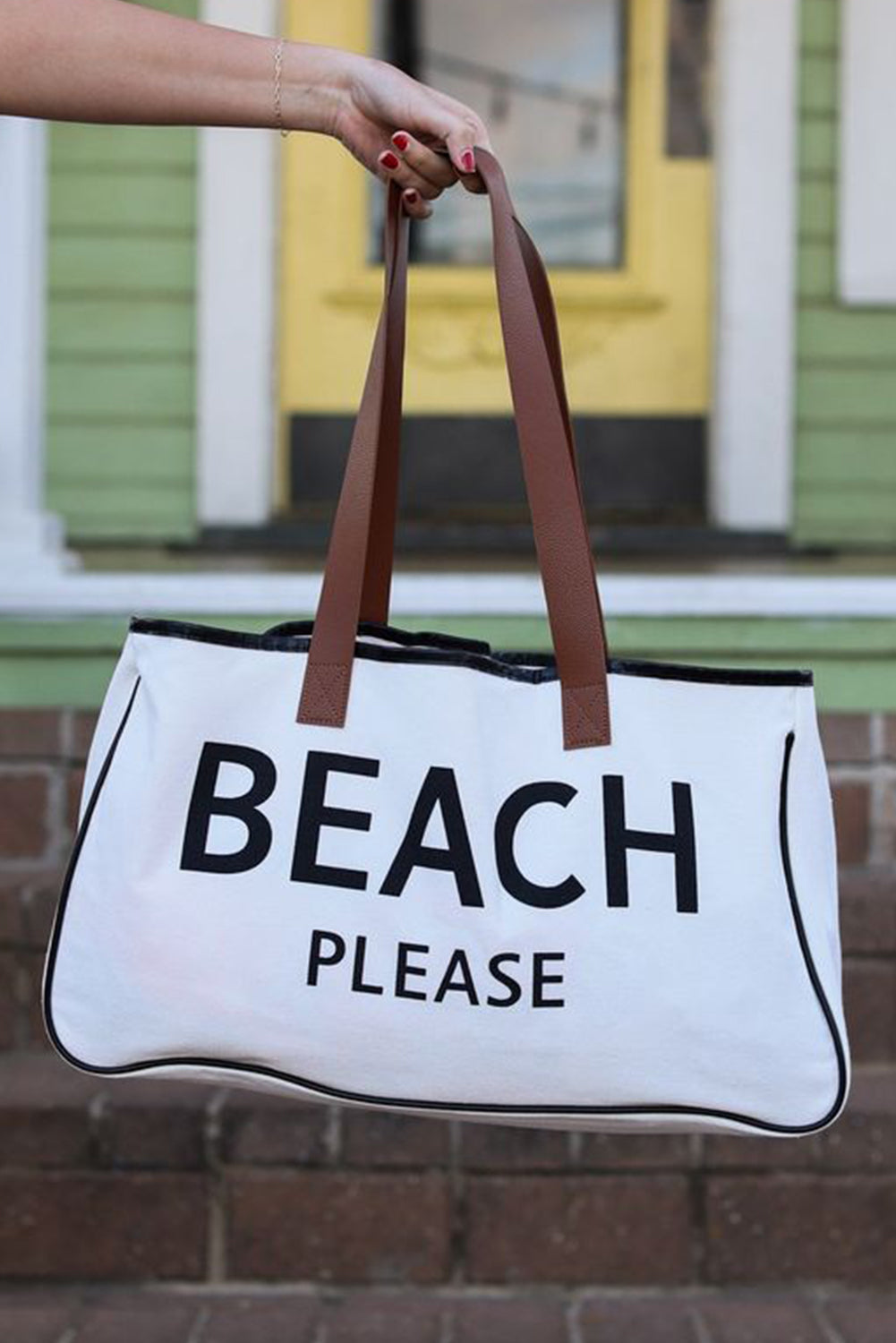 BEACH PLEASE Print Large Canvas Tote Bag - White Daisie Boutique
