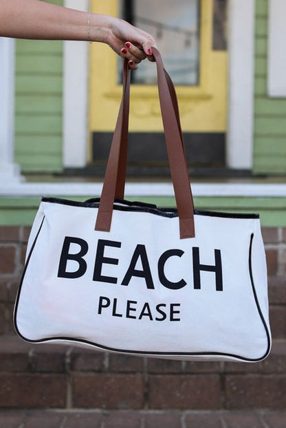 BEACH PLEASE Print Large Canvas Tote Bag - White Daisie Boutique