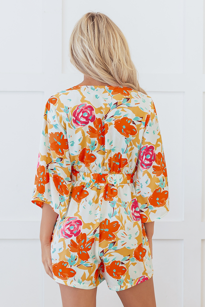 Cutie Floral Print Front Tie Romper - Orange Daisie Boutique