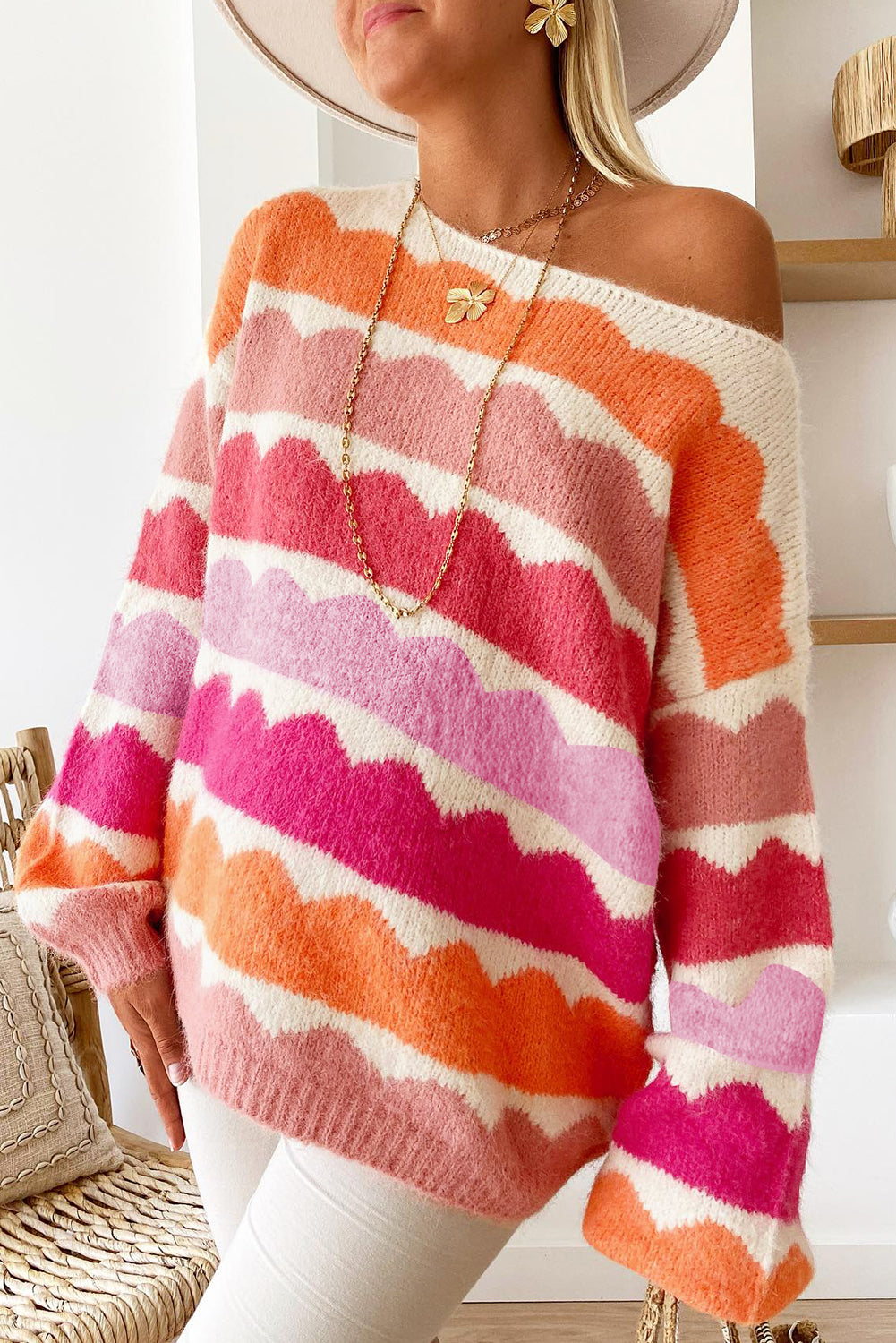 Wave Striped Balloon Sleeve Multicolored Sweater Daisie Boutique