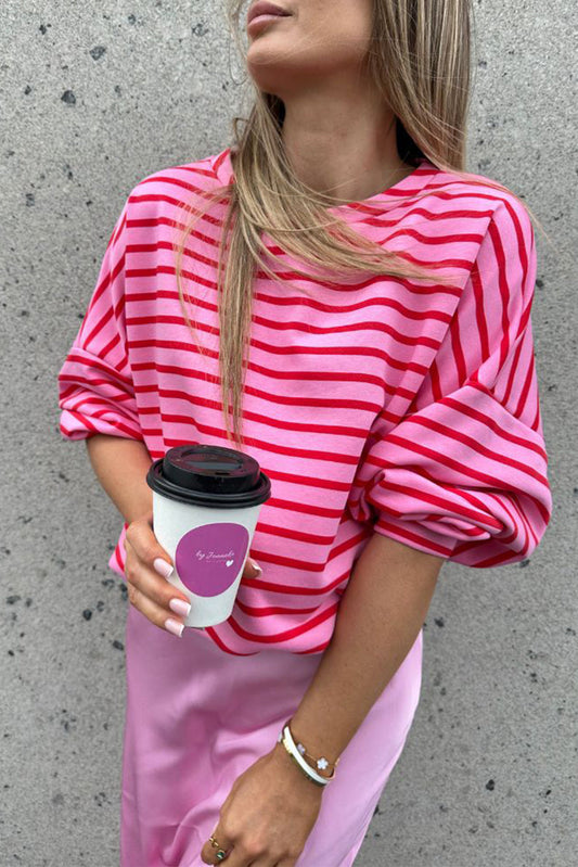 Sachet Pink Striped Print Crew Neck Drop Shoulder Sweatshirt Daisie Boutique