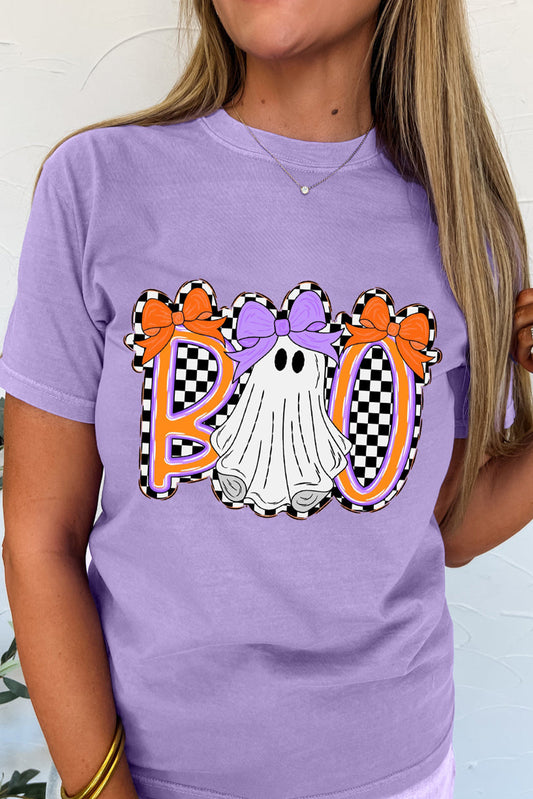 Boo Checkered Bow Ghost Halloween Graphic Tee Dear-Lover Dropshipping