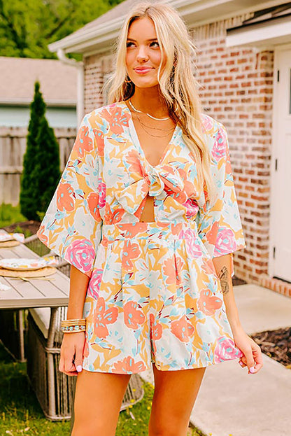 Cutie Floral Print Front Tie Romper - Orange Daisie Boutique