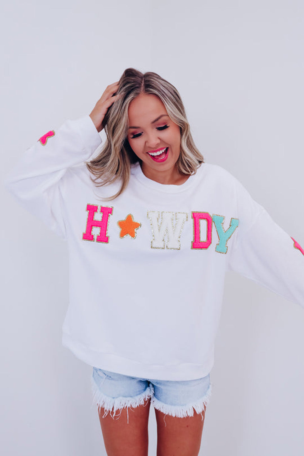 Howdy Glitter Chenille Patch Graphic Casual Sweatshirt Daisie Boutique
