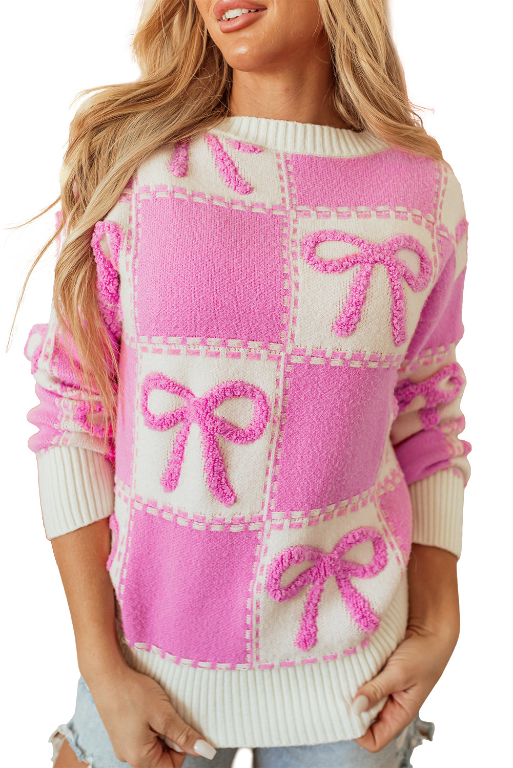 Bow Two Tone Checkered Crew Neck Sweater in Pink Daisie Boutique