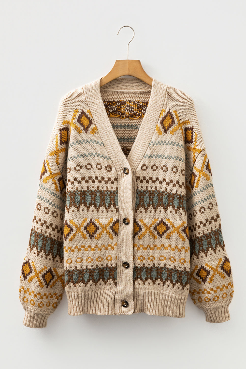 Khaki Patterned Knit Button V Neck Cardigan Sweater Dear-Lover Dropshipping