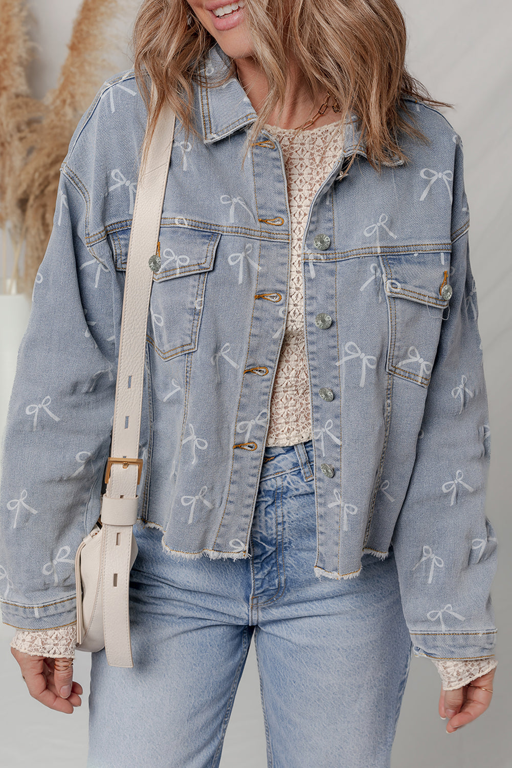 Bow Knot Print Light Wash Raw Hem Denim Jacket Dear-Lover Dropshipping