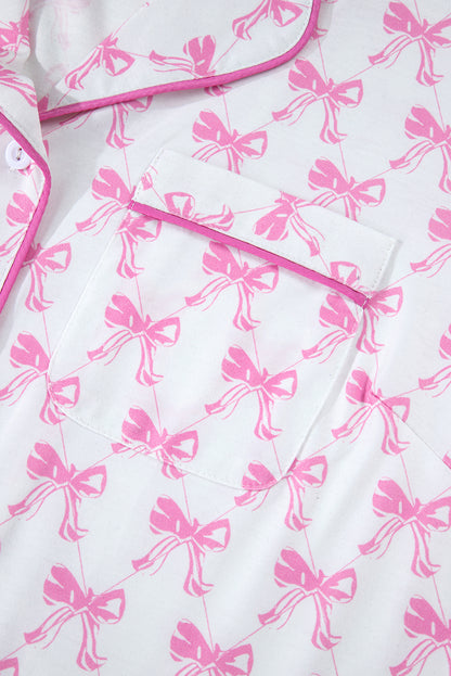 Bowknot Printed Short Sleeve and Ruffled Shorts Pajama Set - Pink