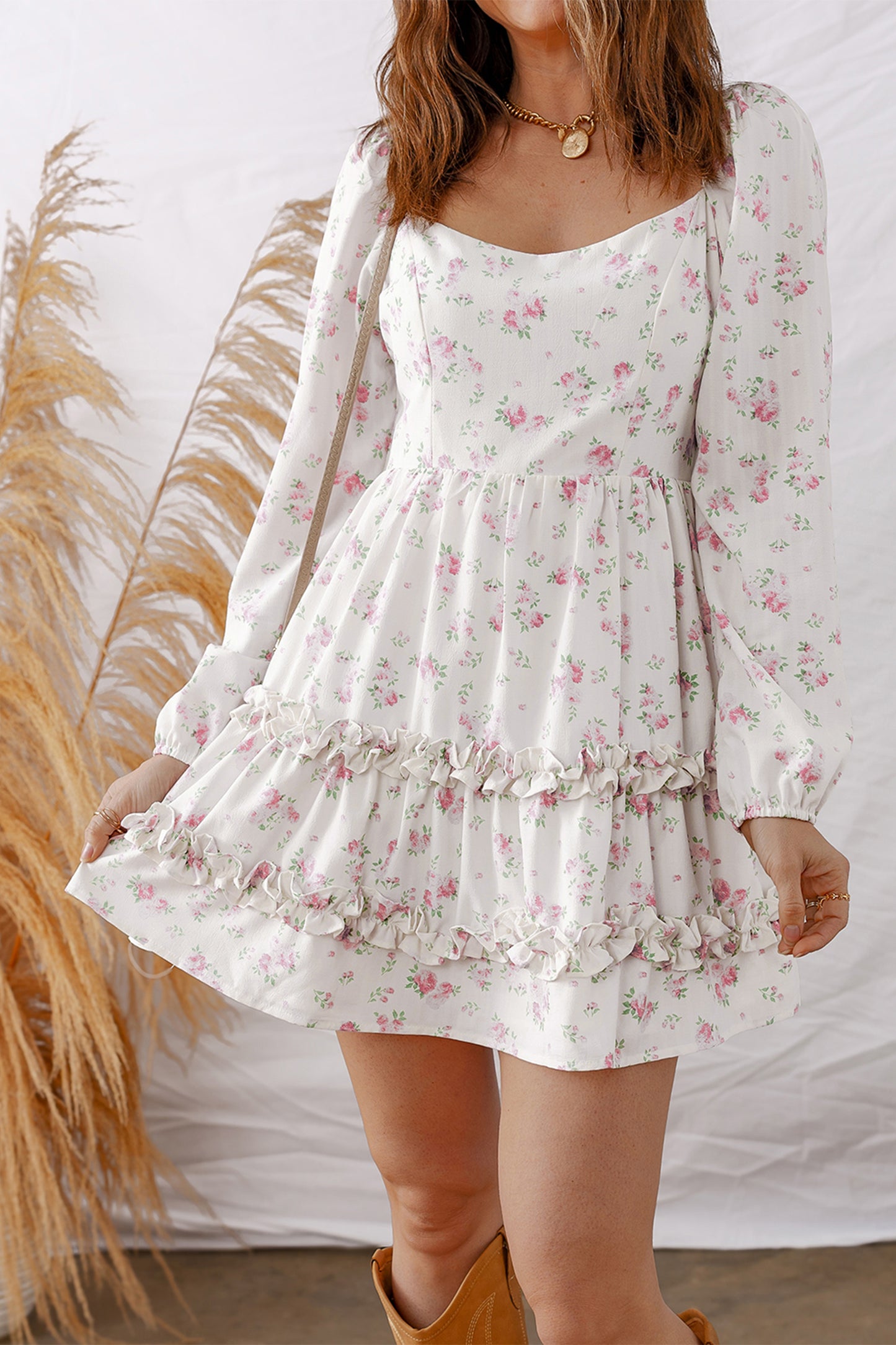 Floral Long Sleeve Ruffle Detail Flared Mini Dress