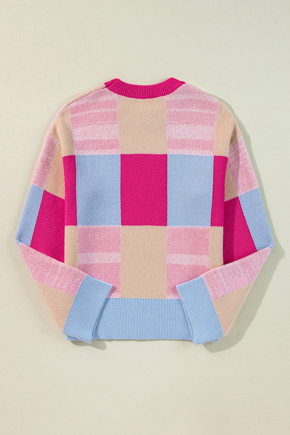 Color Block Drop Shoulder Crewneck Sweater - Rose Red Daisie Boutique