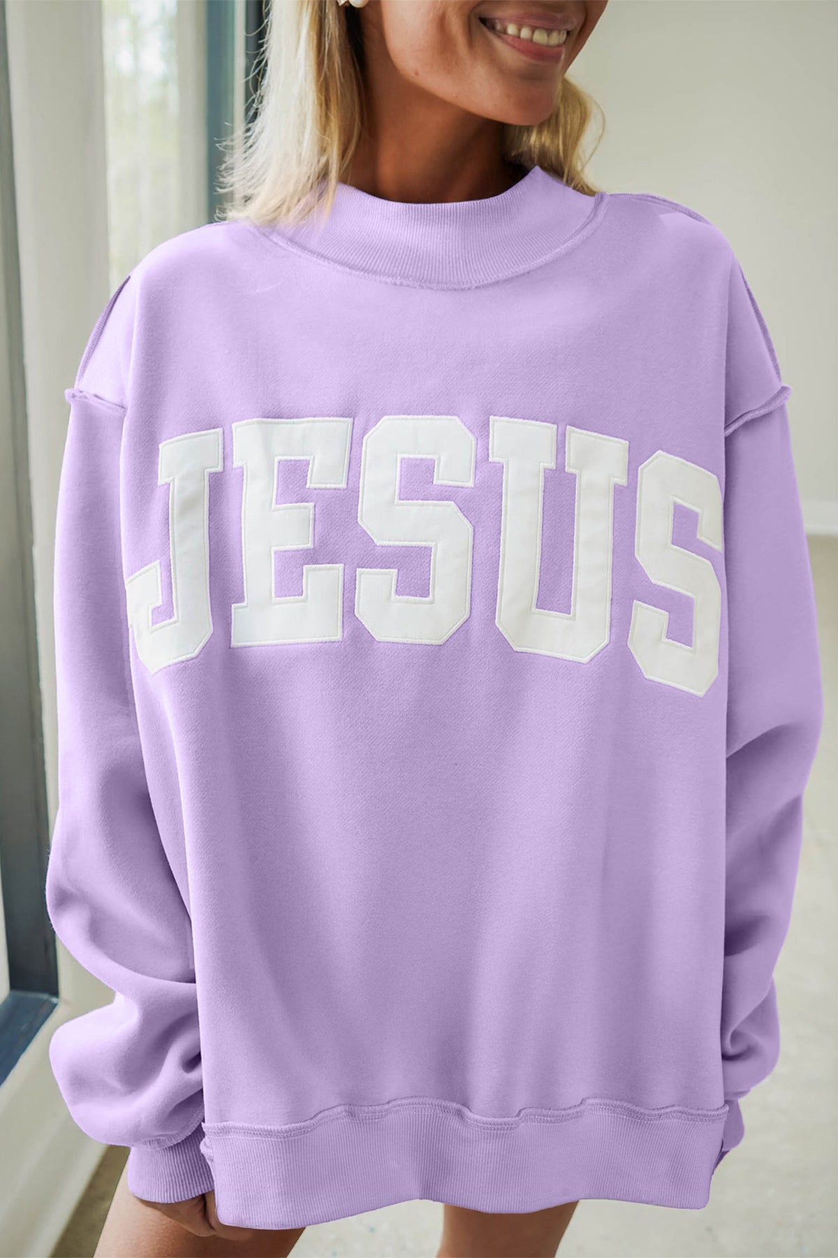 Purple JESUS letter patch mock neck oversized sweatshirt | Daisie & Co.