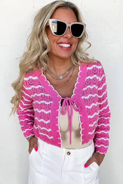 Stripe Crochet Scalloped Trim Lace-up Front Cropped Cardigan Dear-Lover Dropshipping