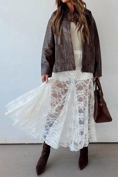 White Sheer Lace Flowy Maxi Skirt