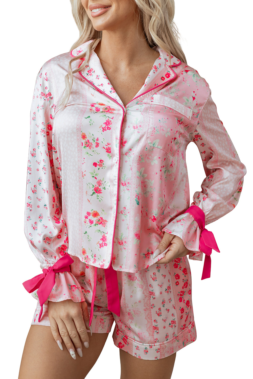 Pink Mixed Floral Print Contrast Piping Trim Satin Tie 2pcs Pajama Set Dear-Lover Dropshipping