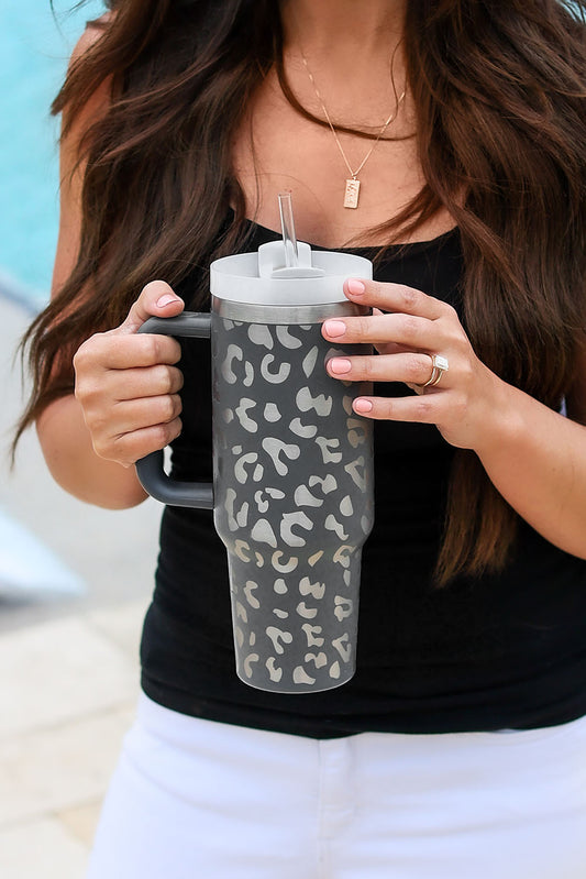 Gray Leopard Print 40 OZ Stainless Steel Portable Cup with Handle Daisie Boutique