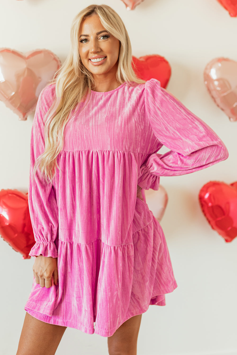 Flounce Sleeve Ruffled Velvet Mini Dress - Bubblegum Pink Daisie Boutique