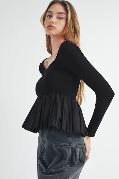 Ribbed Knit Long Sleeve Scoop Neck Peplum Top - Black Daisie Boutique