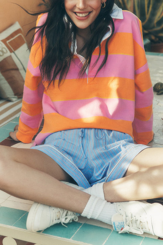 Striped Color Block Polo Collar Sweatshirt - Orange Dear-Lover Dropshipping