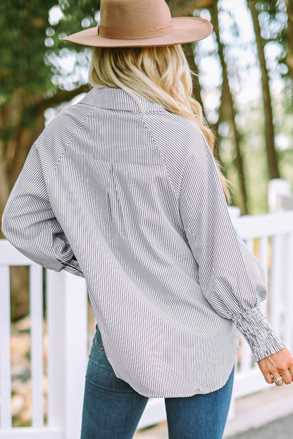 Smocked Cuffed Striped Boyfriend Button Up Shirt with Pocket Daisie Boutique