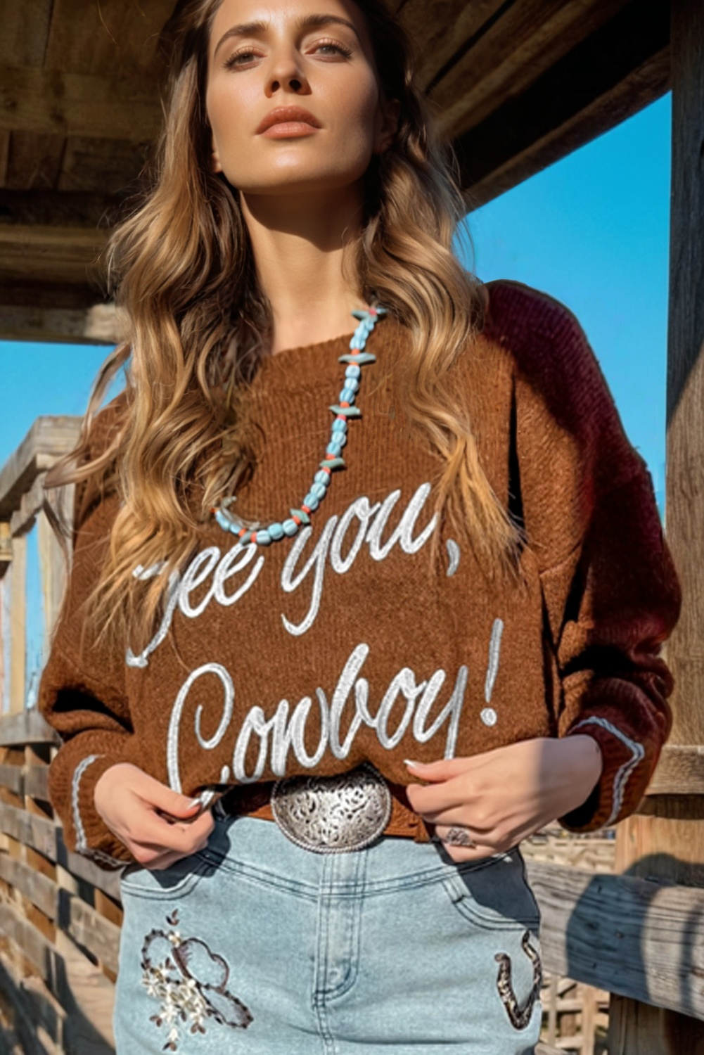 See You Cowboy Embroidered Graphic Sweater Dear-Lover Dropshipping