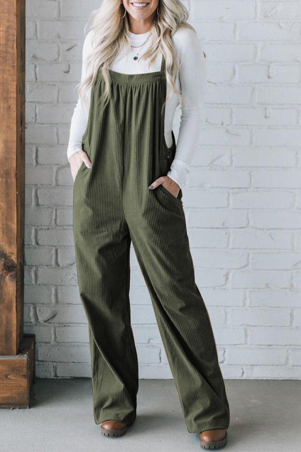 Jungle Green Solid Pocketed Loose Fit Corduroy Overall Daisie Boutique