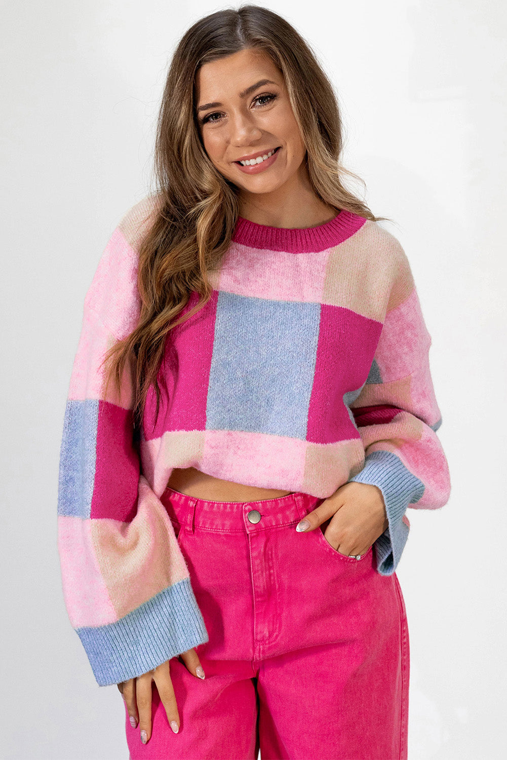 Color Block Drop Shoulder Crewneck Sweater - Rose Red Daisie Boutique