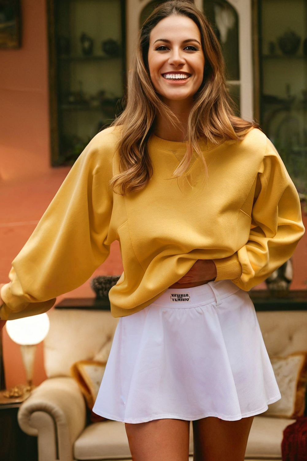 Pleated Balloon Sleeve Pullover Sweatshirt - Citrus Dear-Lover Dropshipping