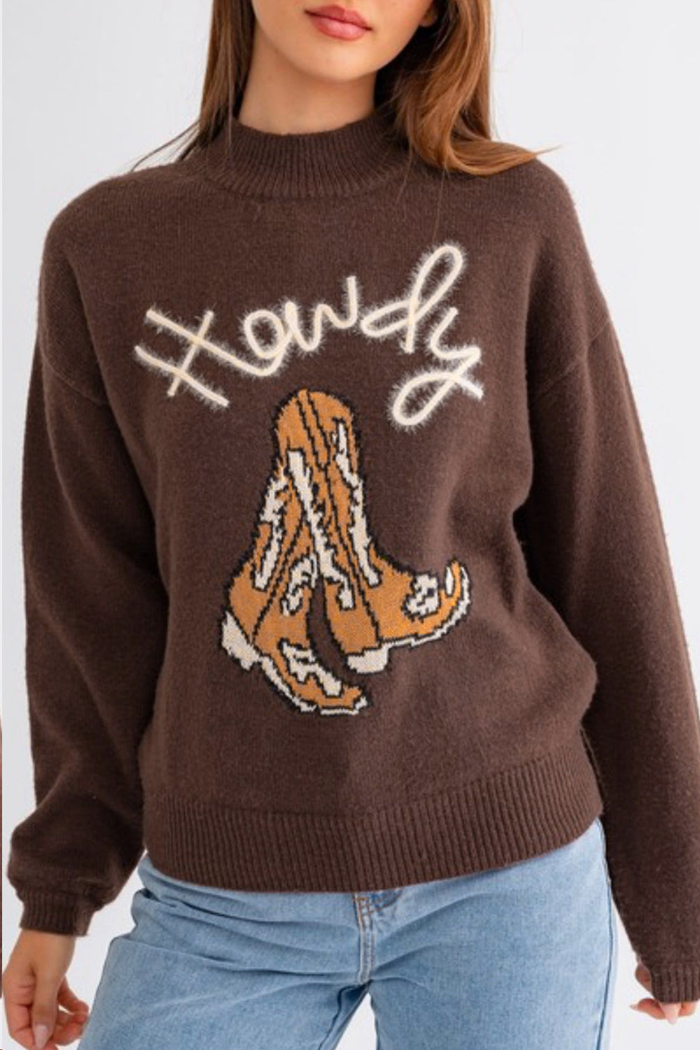 Howdy Boot Graphic High Neck Sweater Daisie Boutique