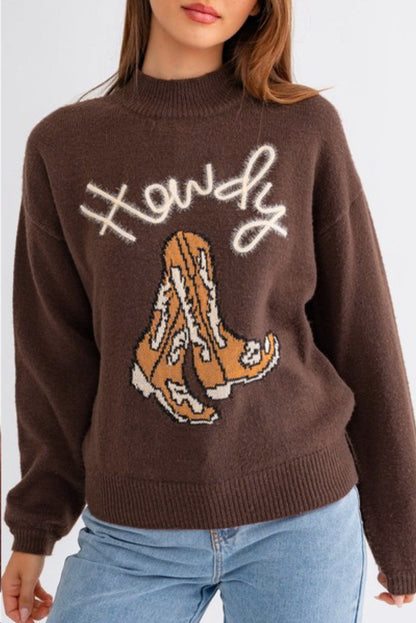 Howdy Boot Graphic High Neck Sweater Daisie Boutique
