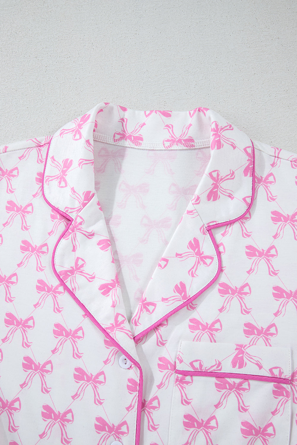 Bowknot Printed Short Sleeve and Ruffled Shorts Pajama Set - Pink
