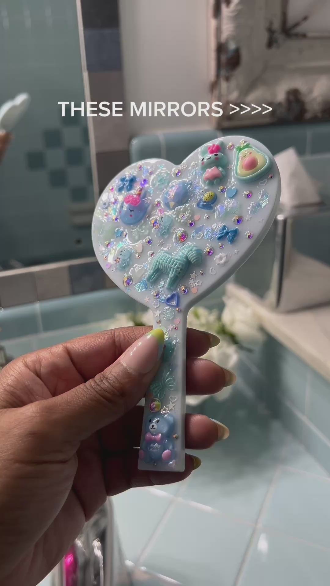 Junk Charm Mirror - Heart Shaped Handheld Bedazzled Mirror