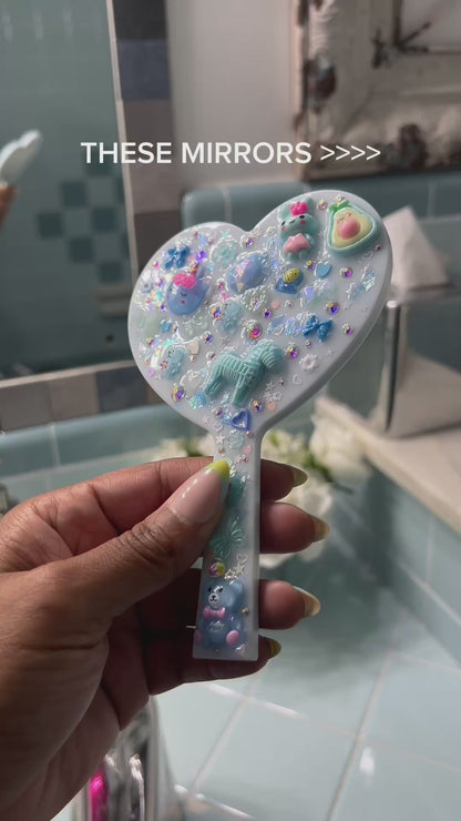 Junk Charm Mirror - Heart Shaped Handheld Bedazzled Mirror