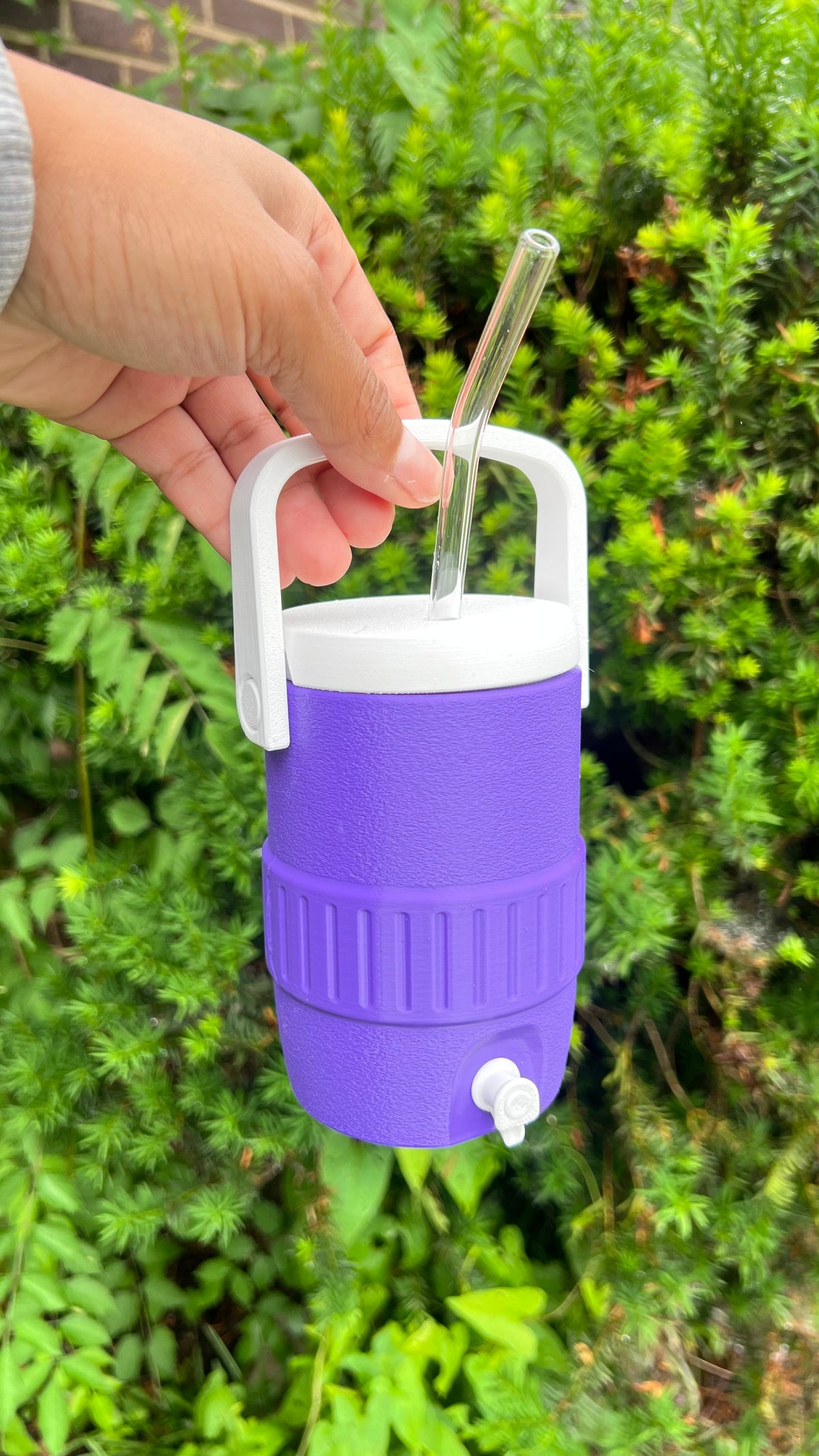 Purple and white cooler with a straw and lid held by a hand against a green leafy background